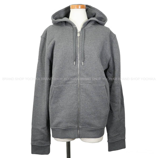 HERMES Hooded sweatshirt Men's Zip-up Ex-Libris with back print Grey/Noir (Black)/Blanc (White) Cotton/Silk/Polyester #L Silver HW H657750HB76SM[EXCELLENT][Authentic]