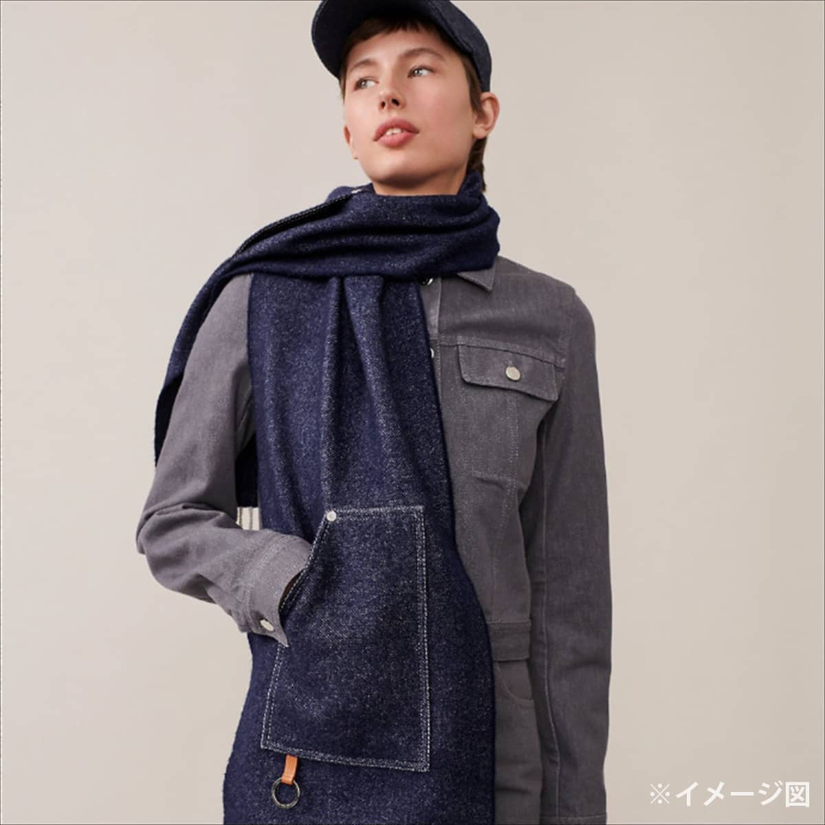 2025 AW HERMES muffler Cargo pocketsdenim Cashmere leather Silver HW H259122S02[EXCELLENT][Authentic]
