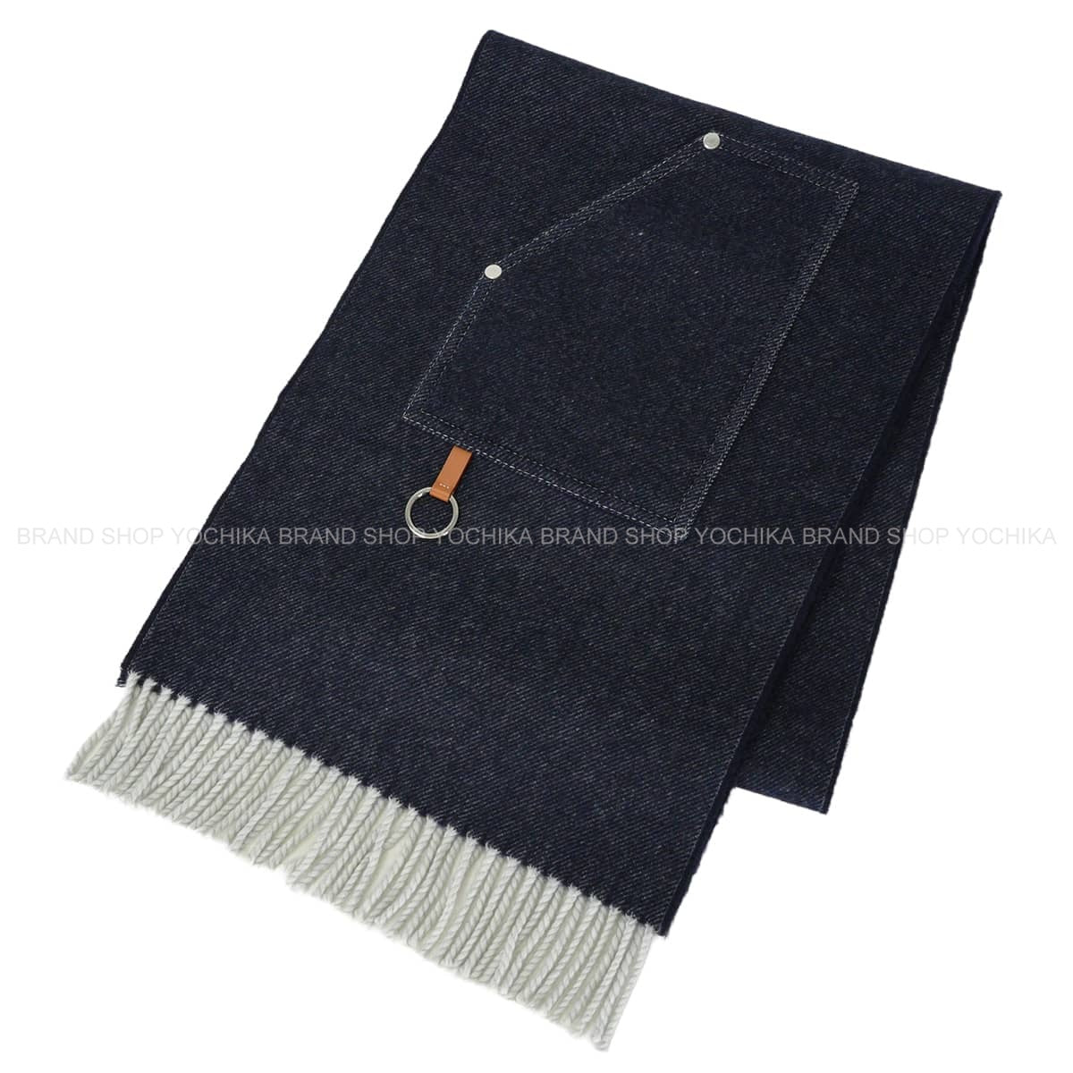 2025 AW HERMES muffler Cargo pocketsdenim Cashmere leather Silver HW H259122S02[EXCELLENT][Authentic]