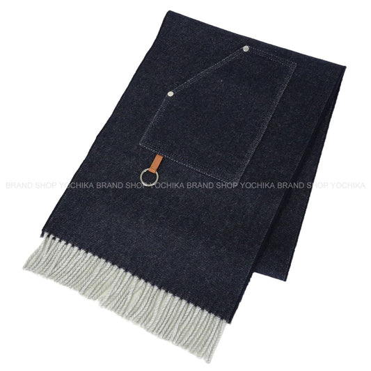 2025 AW HERMES muffler Cargo pocketsdenim Cashmere leather Silver HW H259122S02[EXCELLENT][Authentic]