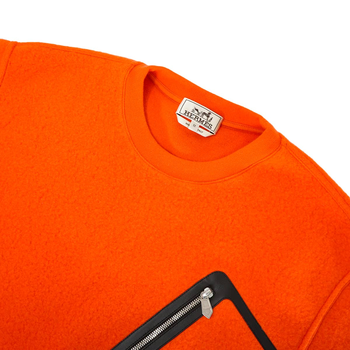 2022AW HERMES Sweat Men’s Long-sleeved sweatshirt with front pockets Orange/Noir (Black) Wool/Cashmere/leather #M Silver HW[EXCELLENT][Authentic]
