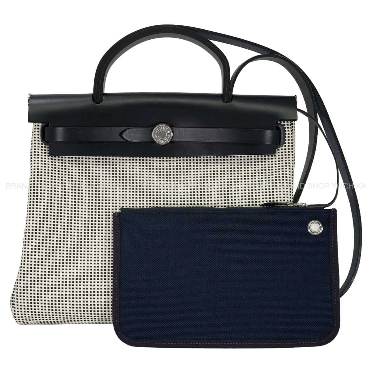 HERMES Shoulder bag HerBag Zip 31 PM Retourne Ecru/Blanc (White)/Blue Indigo Vache Hunter/Toile Quadrille Silver HW Stamp U[ALMOST NEW][Authentic]