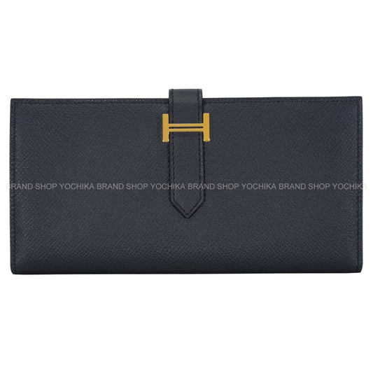 [Pre-loved] HERMES long wallet Bearn Soufflet Blue Indigo Veau Epsom Gold HW Stamp Ｂ[LIKE NEW][Authentic]