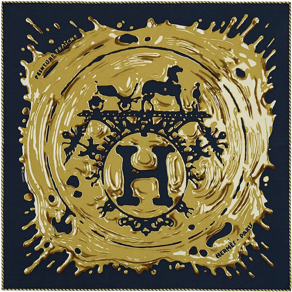 2022 S/S HERMES scarf Carre 45 Gavroche Peinture FraicheBlue noir/Bronze Silk100%[EXCELLENT][Authentic]