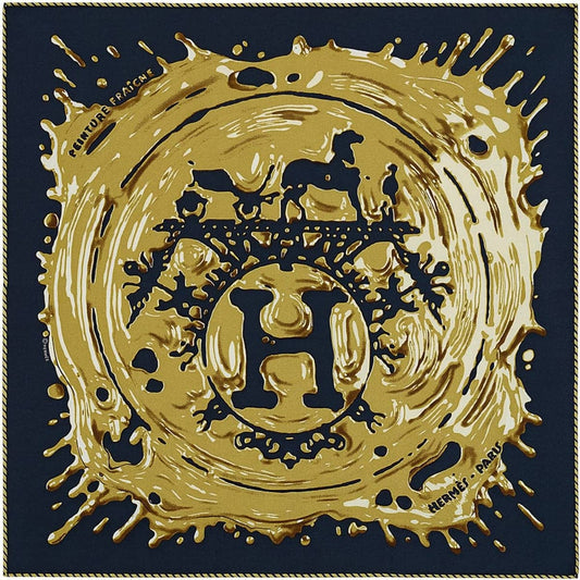 2022 S/S HERMES scarf Carre 45 Gavroche Peinture FraicheBlue noir/Bronze Silk100%[EXCELLENT][Authentic]