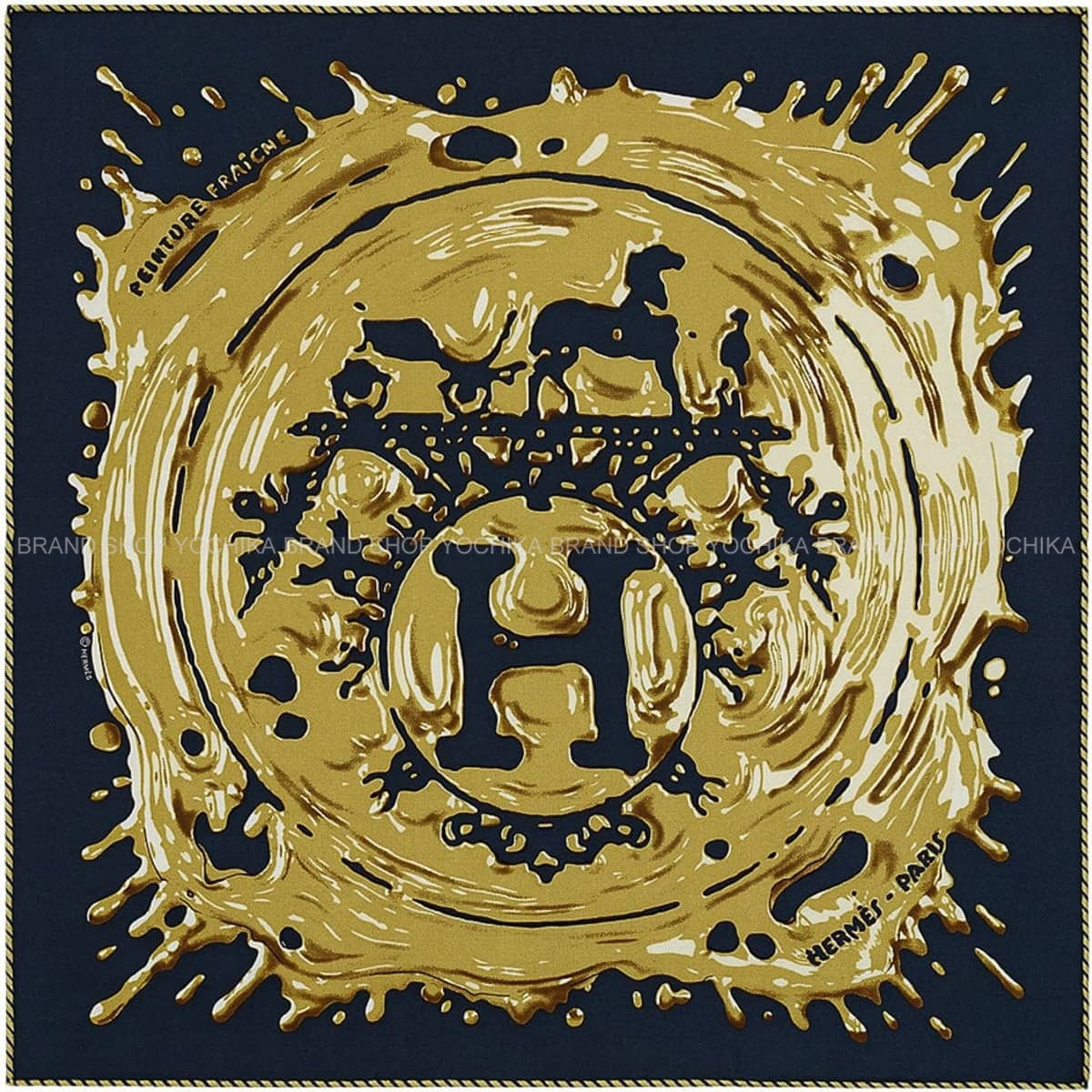 2022 S/S HERMES scarf Carre 45 Gavroche Peinture FraicheBlue noir/Bronze Silk100%[EXCELLENT][Authentic]