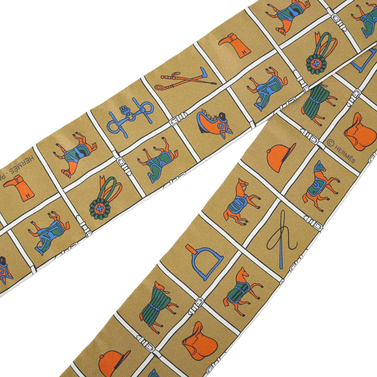 HERMES scarf Twilly Couvertures et Tenues de JourMordor/White/Bleu Silk100%[EXCELLENT][Authentic]