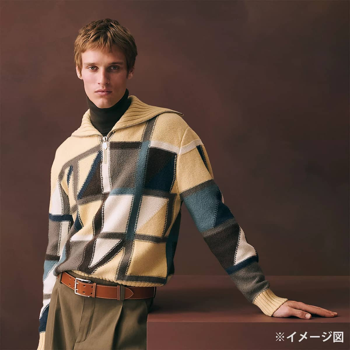 HERMES Knit Men's Half-Zip Geometrie Variable Yellow/Multicolor Cashmere #XL Silver HW 567110HA[EXCELLENT][Authentic]