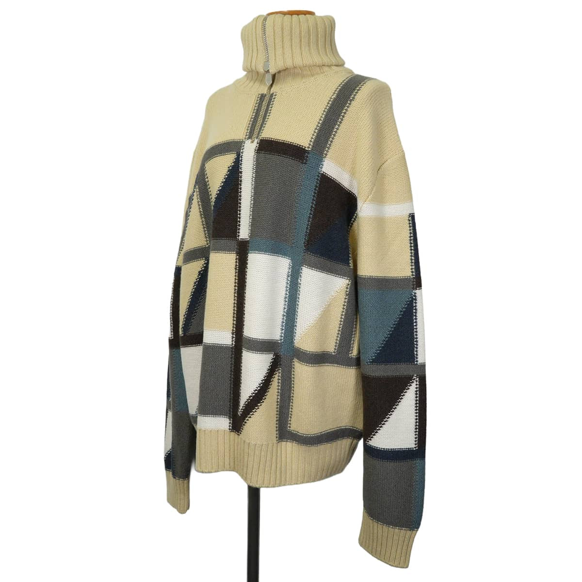 HERMES Knit Men's Half-Zip Geometrie Variable Yellow/Multicolor Cashmere #XL Silver HW 567110HA[EXCELLENT][Authentic]