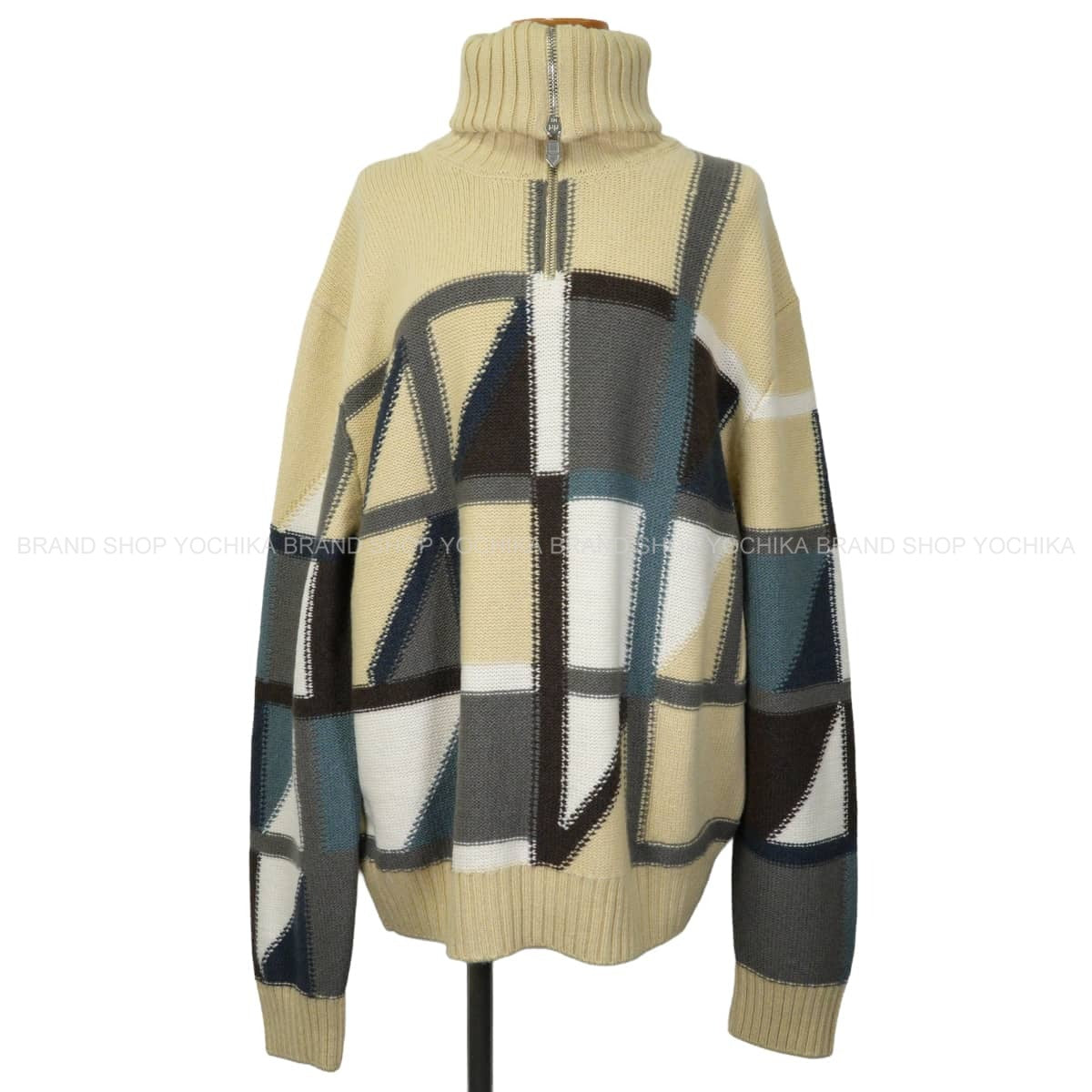 HERMES Knit Men's Half-Zip Geometrie Variable Yellow/Multicolor Cashmere #XL Silver HW 567110HA[EXCELLENT][Authentic]