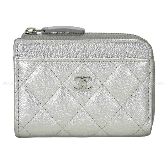 [Pre-loved] CHANEL card holder Fragment Mini Case Matelasse COCO Mark 3 Pockets Silver Graind Calf(Caviarskin) Silver HW AP4893[LIKE NEW][Authentic]