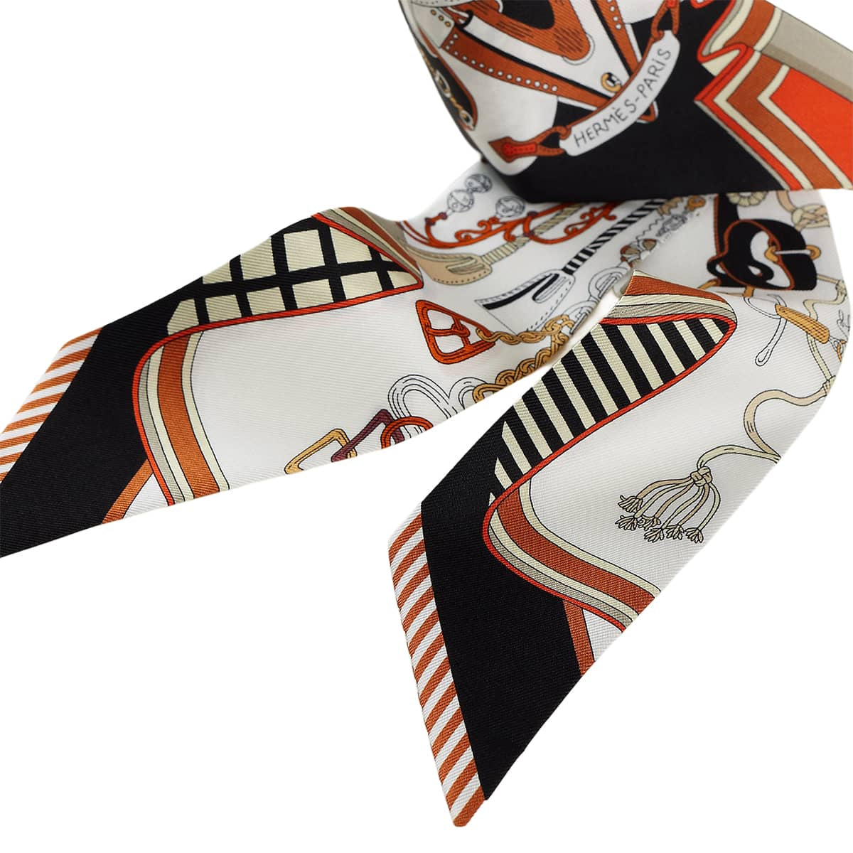 HERMES scarf Twilly Bouquets Sellier Blanc (White)/Noir (Black)/Caramel Silk100%[EXCELLENT][Authentic]