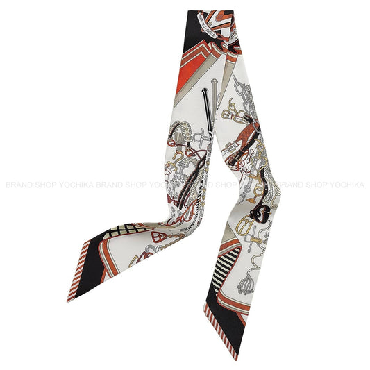HERMES scarf Twilly Bouquets Sellier Blanc (White)/Noir (Black)/Caramel Silk100%[EXCELLENT][Authentic]