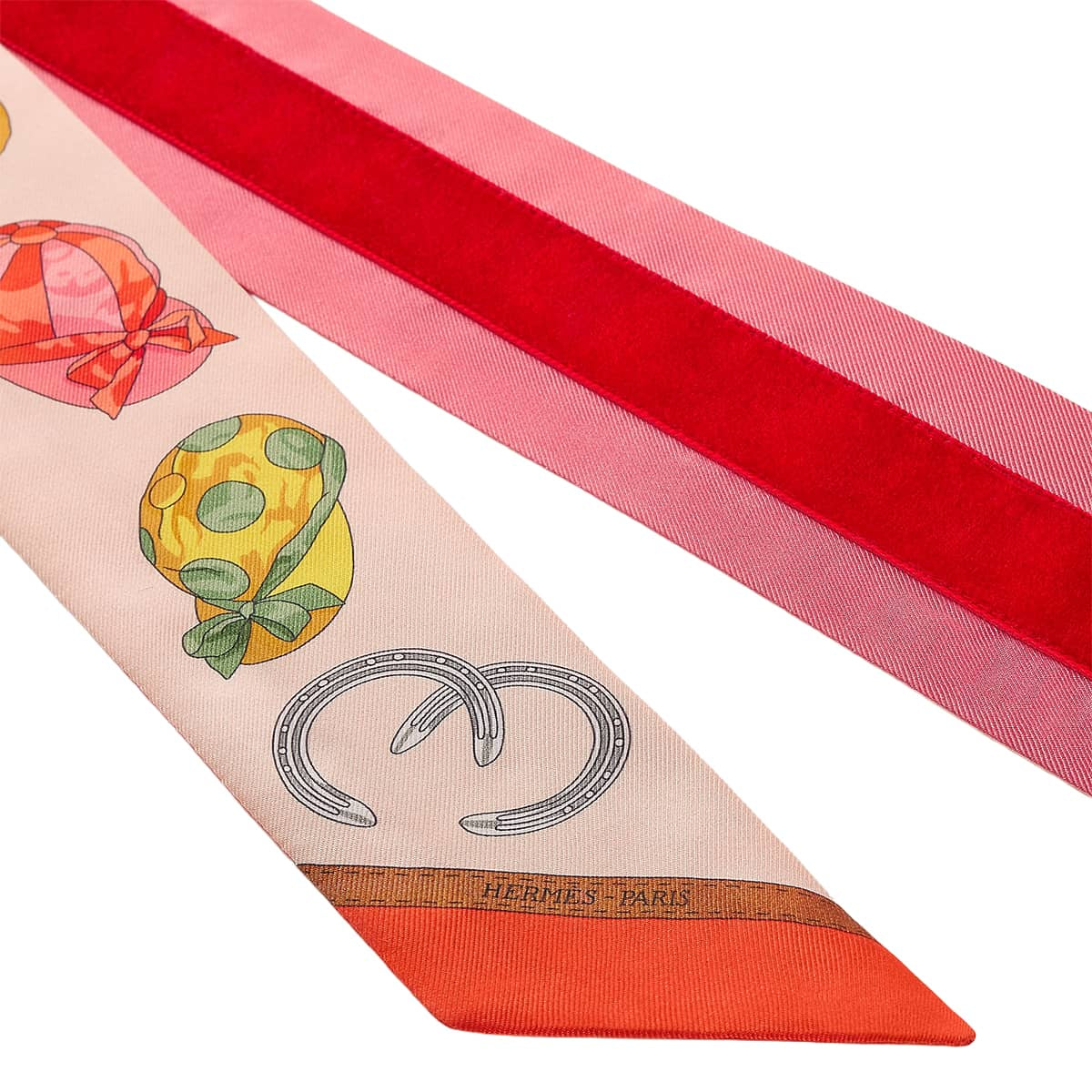 HERMES scarf Twillon Jockey VermillonRose Nacre/Multicolor Silk/Velvet H851592S02[BRAND NEW][Authentic]