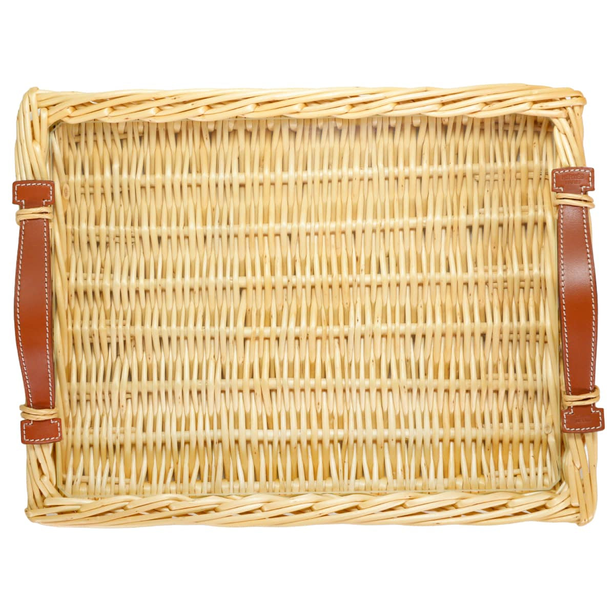 HERMES Tray Ozre Picnic with Glass TPM Terre Battue Rattan/Swift H400Z06M03[EXCELLENT][Authentic]