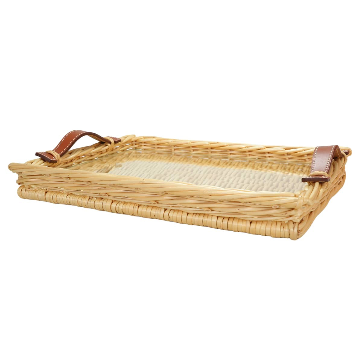 HERMES Tray Ozre Picnic with Glass TPM Terre Battue Rattan/Swift H400Z06M03[EXCELLENT][Authentic]