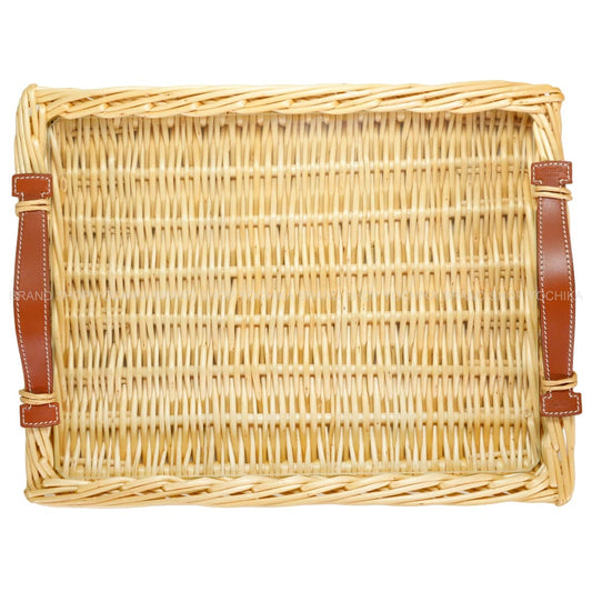 HERMES Tray Ozre Picnic with Glass TPM Terre Battue Rattan/Swift H400Z06M03[EXCELLENT][Authentic]