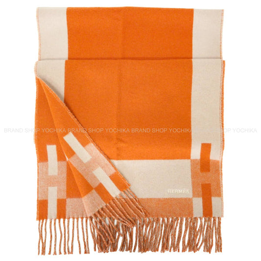 HERMES muffler H Passant ApricotGreige Cashmere H393870T13[EXCELLENT][Authentic]