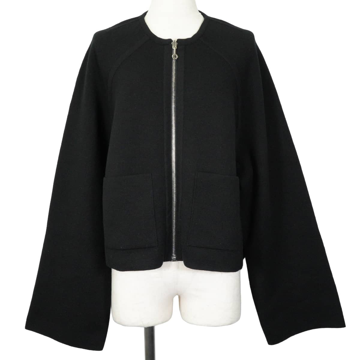 2023AW HERMES Plainly colored jacket Reversible zip closure flared sleeves and H-pattern Noir (Black) Cashmere/Cotton #40 Silver HW 4E2221D2[EXCELLENT][Authentic]