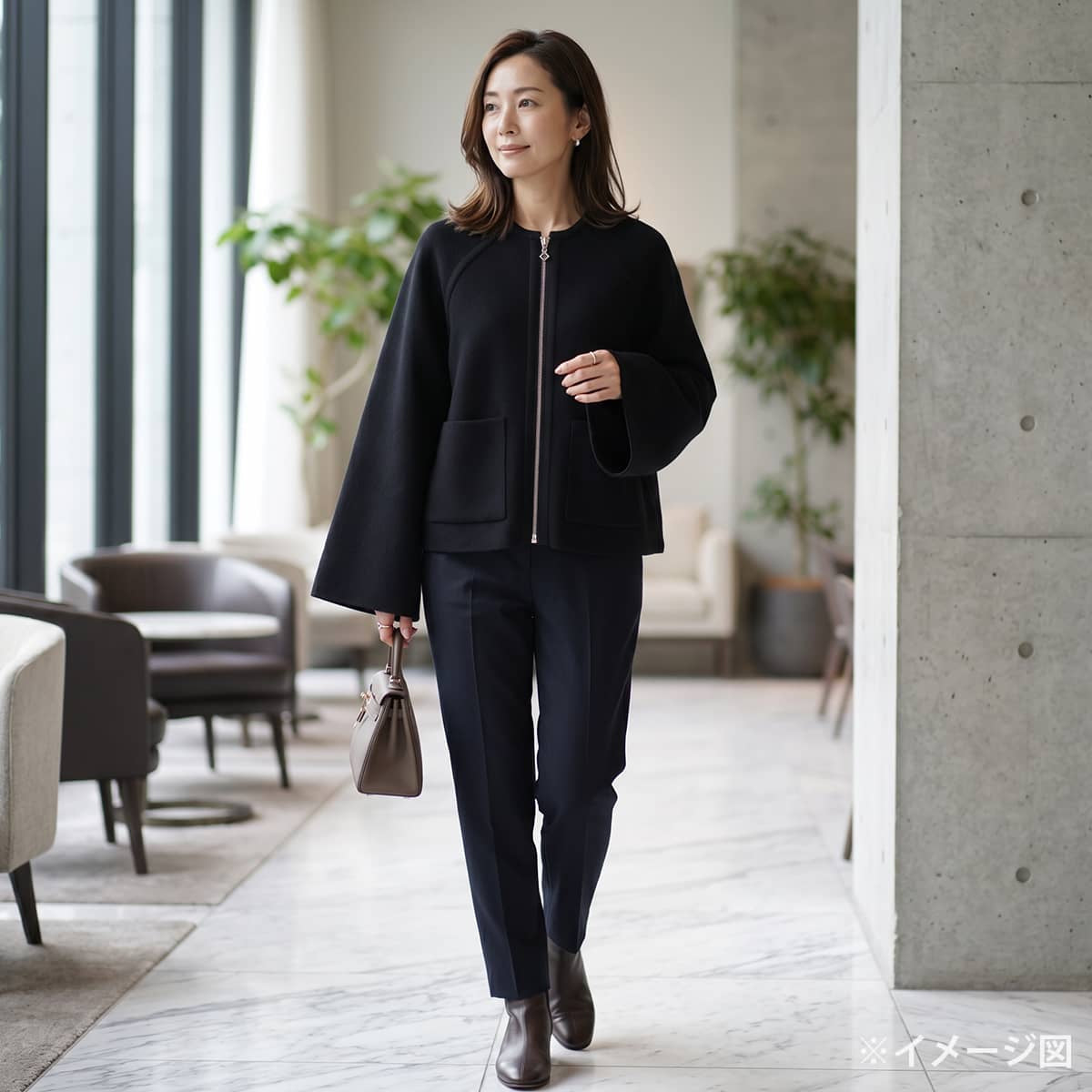 2023AW HERMES Plainly colored jacket Reversible zip closure flared sleeves and H-pattern Noir (Black) Cashmere/Cotton #40 Silver HW 4E2221D2[EXCELLENT][Authentic]
