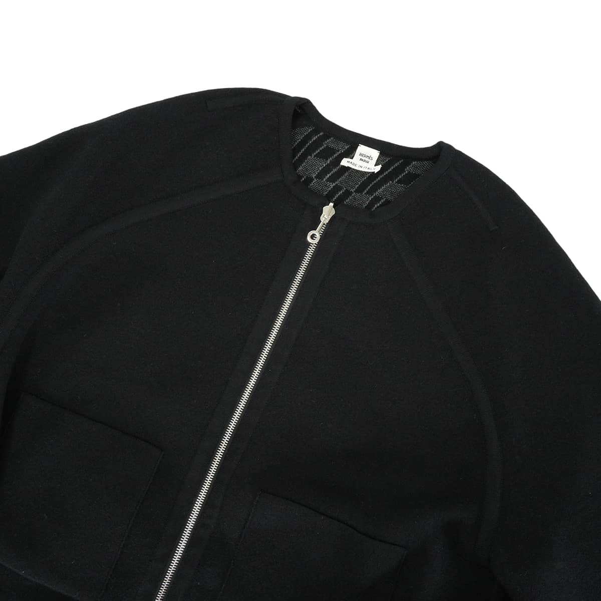 2023AW HERMES Plainly colored jacket Reversible zip closure flared sleeves and H-pattern Noir (Black) Cashmere/Cotton #40 Silver HW 4E2221D2[EXCELLENT][Authentic]