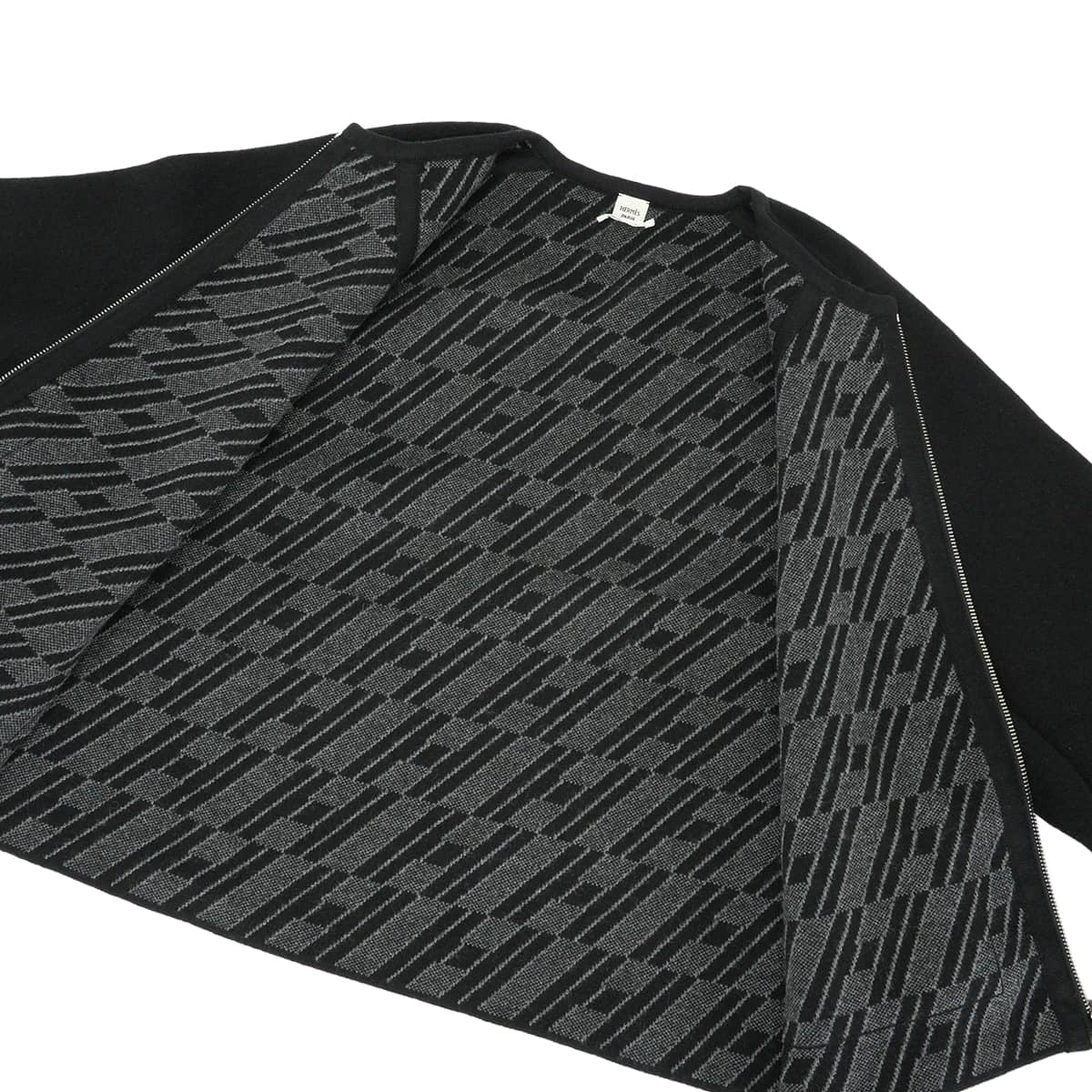 2023AW HERMES Plainly colored jacket Reversible zip closure flared sleeves and H-pattern Noir (Black) Cashmere/Cotton #40 Silver HW 4E2221D2[EXCELLENT][Authentic]