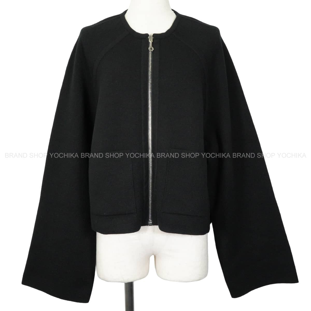 2023AW HERMES Plainly colored jacket Reversible zip closure flared sleeves and H-pattern Noir (Black) Cashmere/Cotton #40 Silver HW 4E2221D2[EXCELLENT][Authentic]