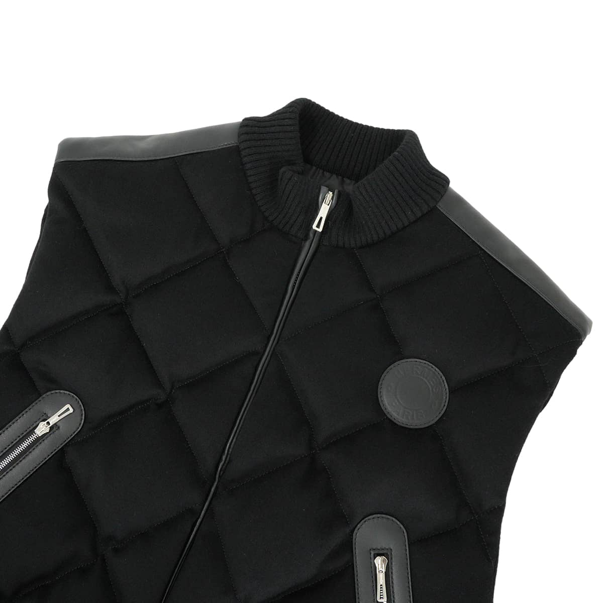 HERMES Down vest Women's Short Length Quilted Sellier Crude Cell with Patches Noir (Black) Cashmere lambskin #44 Silver HW 1H0250DN[EXCELLENT][Authentic]