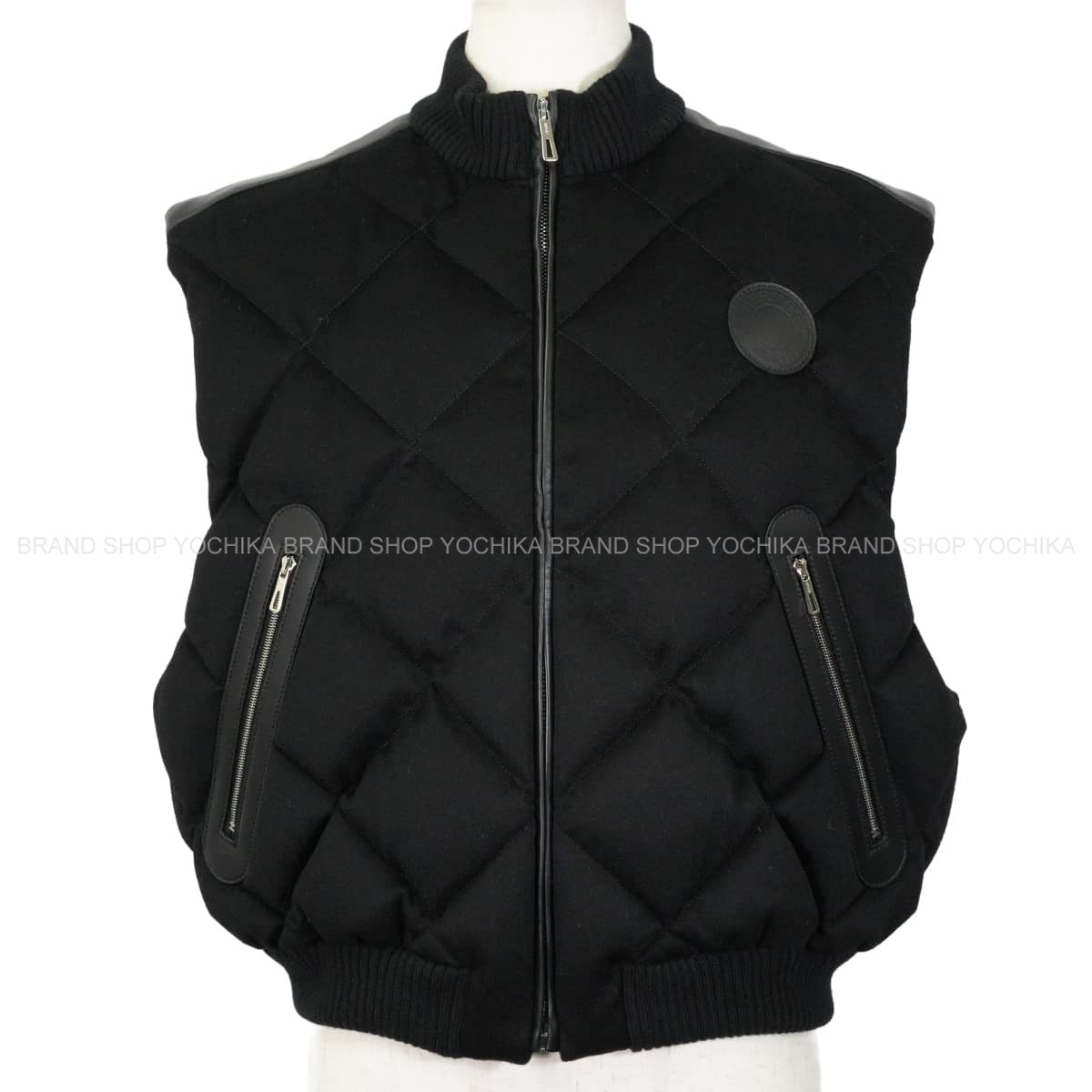 HERMES Down vest Women's Short Length Quilted Sellier Crude Cell with Patches Noir (Black) Cashmere lambskin #44 Silver HW 1H0250DN[EXCELLENT][Authentic]