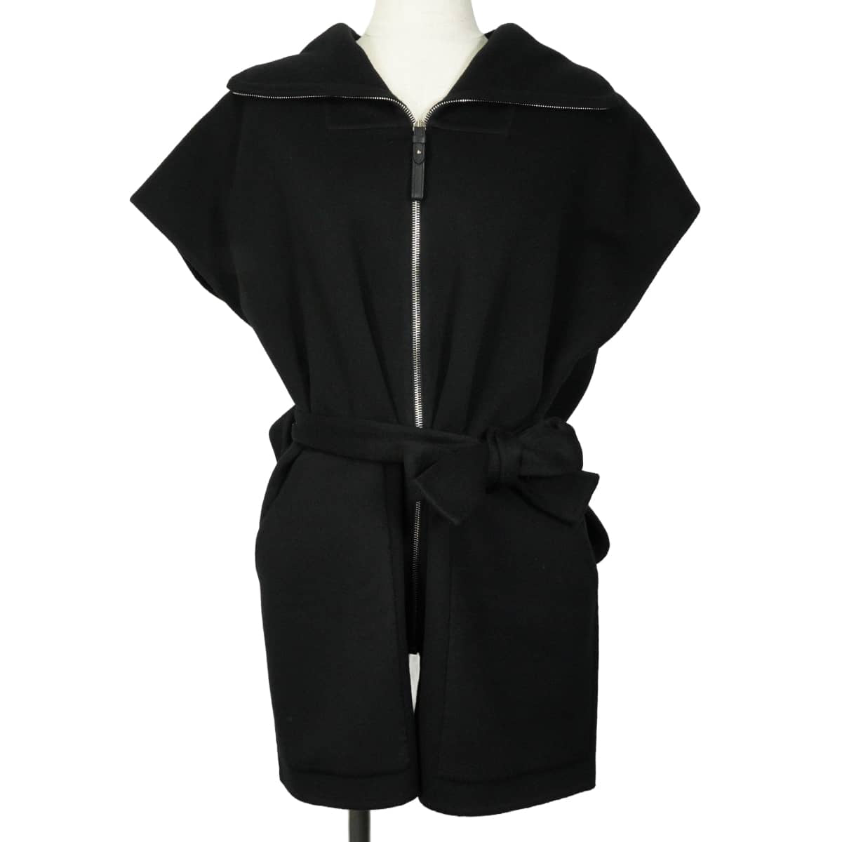 HERMES Vests Gilet with collar belt and zip-up Noir (Black) Cashmere #34 Silver HW 2H0132DA[ALMOST NEW][Authentic]