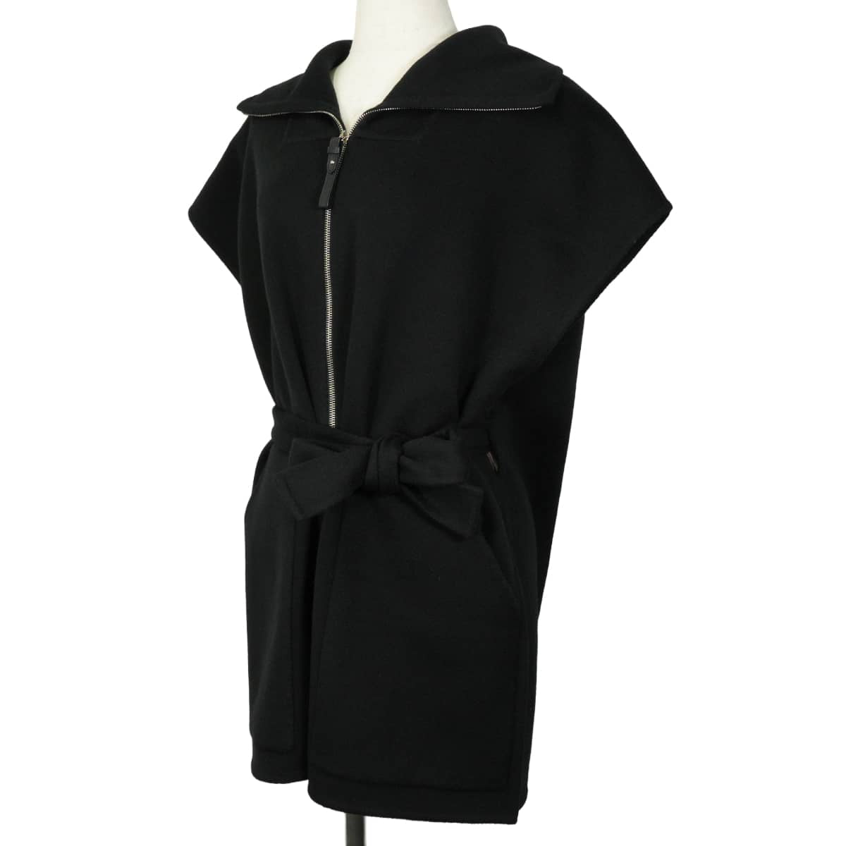 HERMES Vests Gilet with collar belt and zip-up Noir (Black) Cashmere #34 Silver HW 2H0132DA[ALMOST NEW][Authentic]