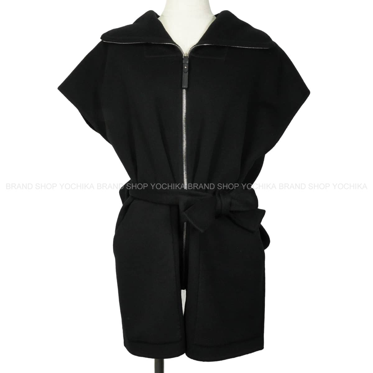HERMES Vests Gilet with collar belt and zip-up Noir (Black) Cashmere #34 Silver HW 2H0132DA[ALMOST NEW][Authentic]