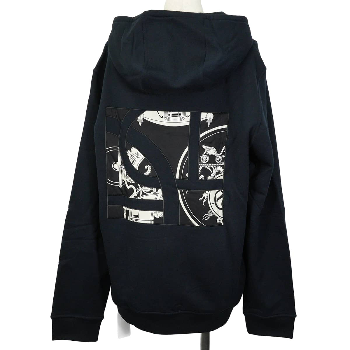 2025AW HERMES Hooded sweatshirt Long-sleeved zip-up hoodie by Ex-Libris with back print Navy Cotton100% #XL H567765HA01ME[EXCELLENT][Authentic]