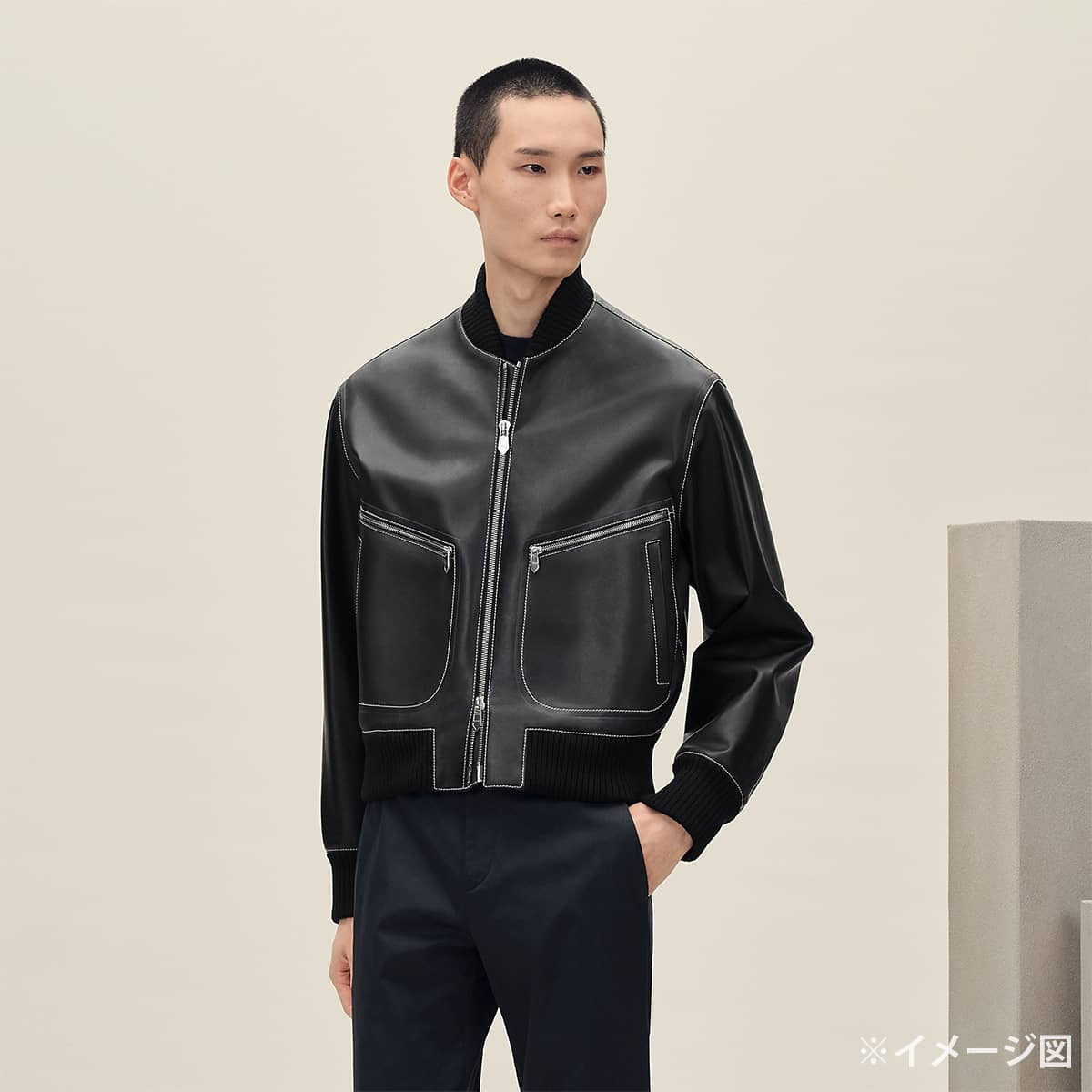 HERMES Rider jacket Men's Collarless Blouson Jacket with Empreinte Stitching Noir (Black) Vauxport #48 Silver HW H653320HD[EXCELLENT][Authentic]