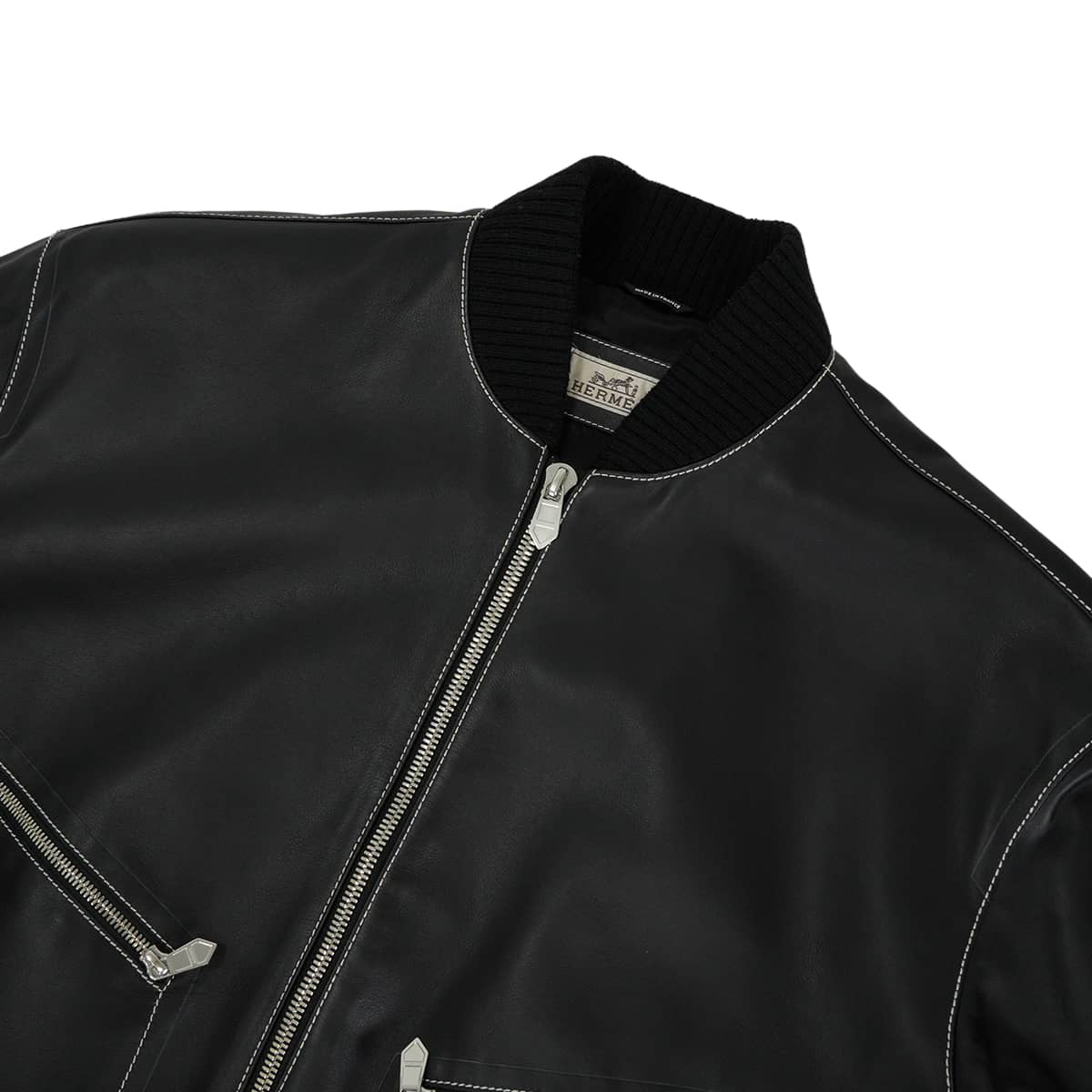 HERMES Rider jacket Men's Collarless Blouson Jacket with Empreinte Stitching Noir (Black) Vauxport #48 Silver HW H653320HD[EXCELLENT][Authentic]