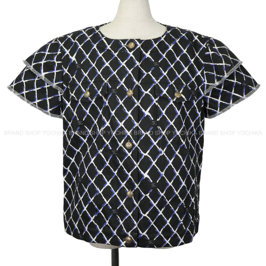 2018SS COCO Beach Collection CHANEL Denim jacket Women's Short-Sleeve Shirt with Anchor COCO Mark Buttons Noir (Black)/Purple Cotton #44 Antique Silver HW P59120[EXCELLENT][Authentic]
