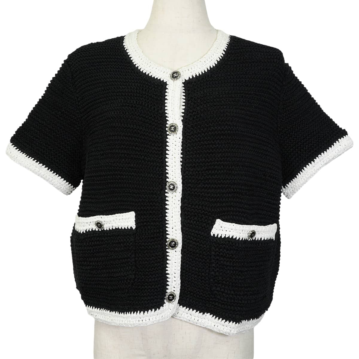 CHANEL Cardigan Short-sleeved for women COCO Mark logo glitter buttons Bicolor Noir (Black)/Blanc (White) Cotton polyamide #44 P72785[EXCELLENT][Authentic]