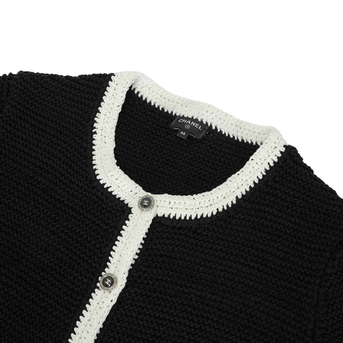 CHANEL Cardigan Short-sleeved for women COCO Mark logo glitter buttons Bicolor Noir (Black)/Blanc (White) Cotton polyamide #44 P72785[EXCELLENT][Authentic]