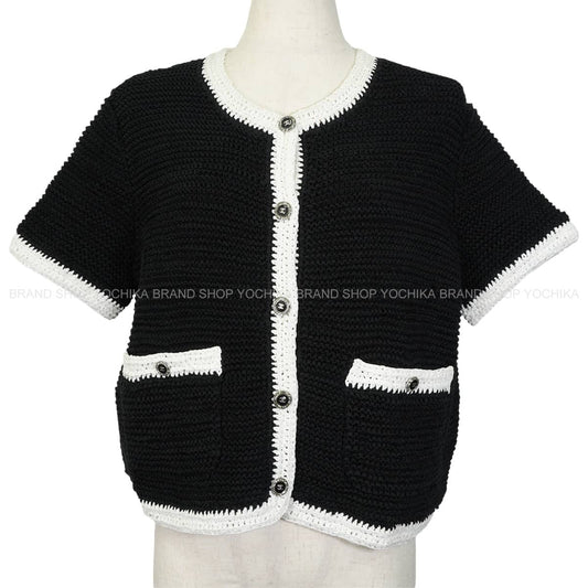 CHANEL Cardigan Short-sleeved for women COCO Mark logo glitter buttons Bicolor Noir (Black)/Blanc (White) Cotton polyamide #44 P72785[EXCELLENT][Authentic]