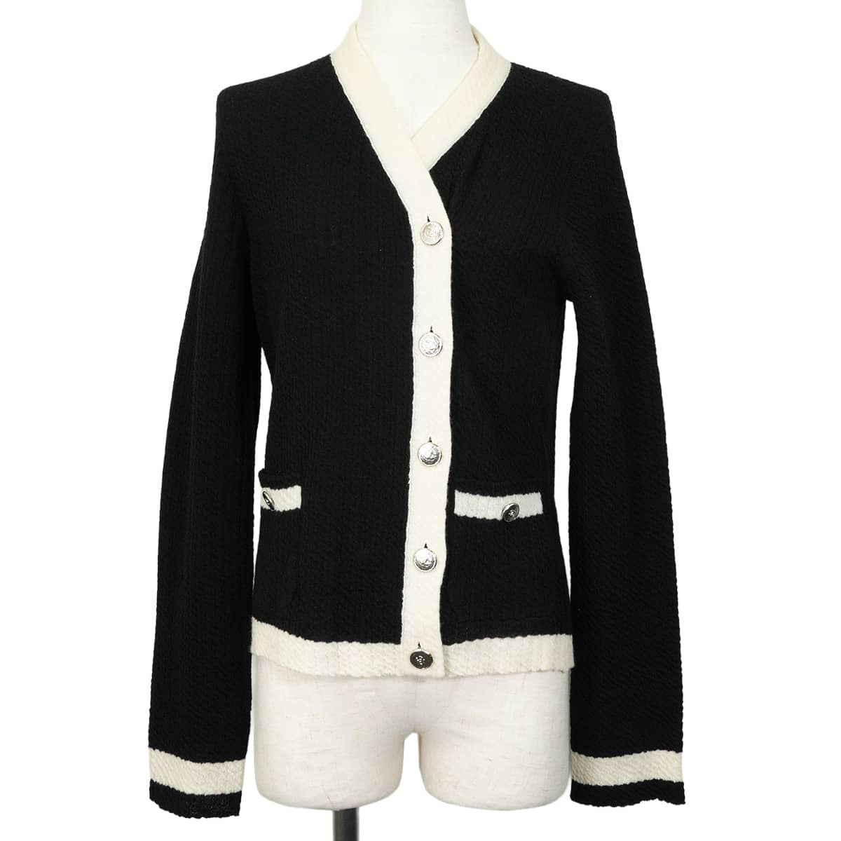 Pret-a-Porter Collection CHANEL Cardigan Women's two-tone Noir (Black)/Blanc (White) Wool #40 P78413[EXCELLENT][Authentic]