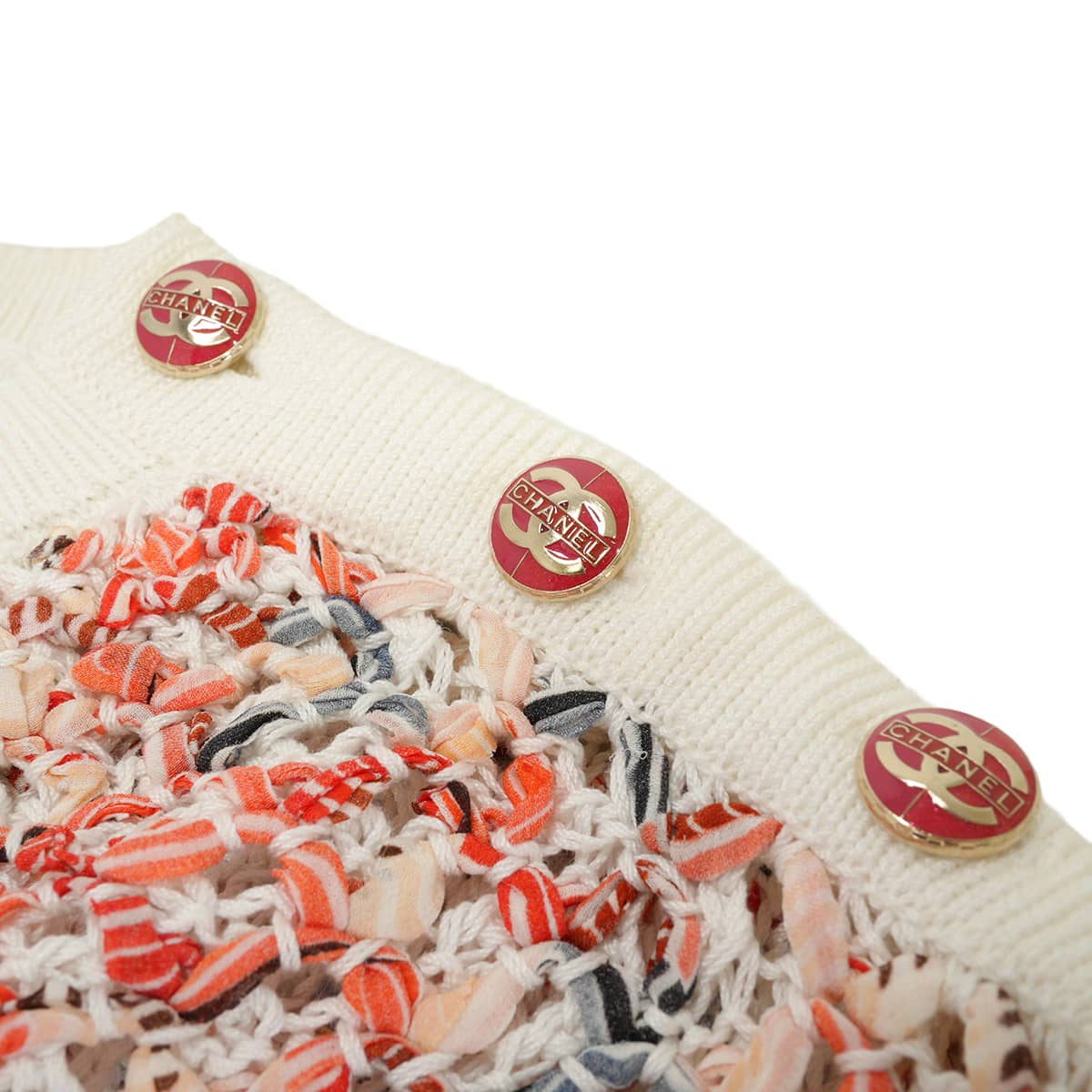 2017SS CHANEL Sweater Women's Ribbon Knit Pullover with COCO Mark Buttons Blanc (White)/Orange Cotton polyamide #44 P56228[EXCELLENT][Authentic]