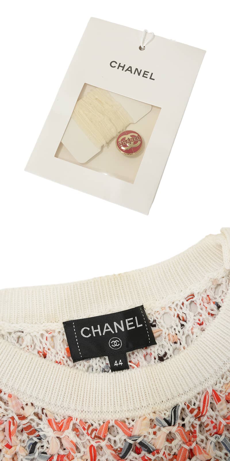 2017SS CHANEL Sweater Women's Ribbon Knit Pullover with COCO Mark Buttons Blanc (White)/Orange Cotton polyamide #44 P56228[EXCELLENT][Authentic]