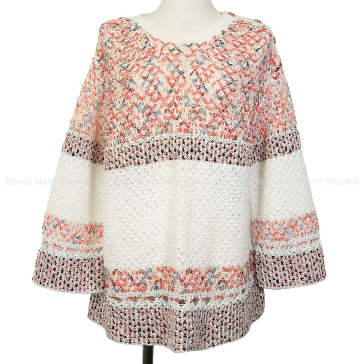 2017SS CHANEL Sweater Women's Ribbon Knit Pullover with COCO Mark Buttons Blanc (White)/Orange Cotton polyamide #44 P56228[EXCELLENT][Authentic]