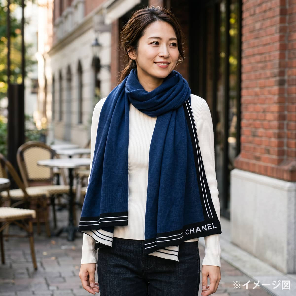 [Pre-loved] CHANEL Stall Large Logo Navy/Noir (Black) Cashmere/Cotton/Silk G20[LIKE NEW][Authentic]
