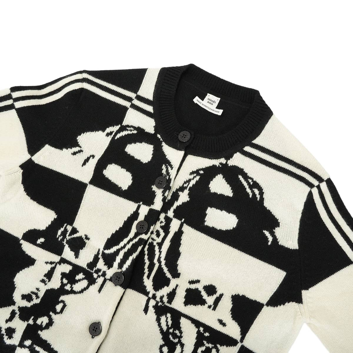 2021AW HERMES Cardigan Cardigan long-sleeved knit Brides de Gala Noir (Black)/Blanc (White) Cashmere #44[EXCELLENT][Authentic]