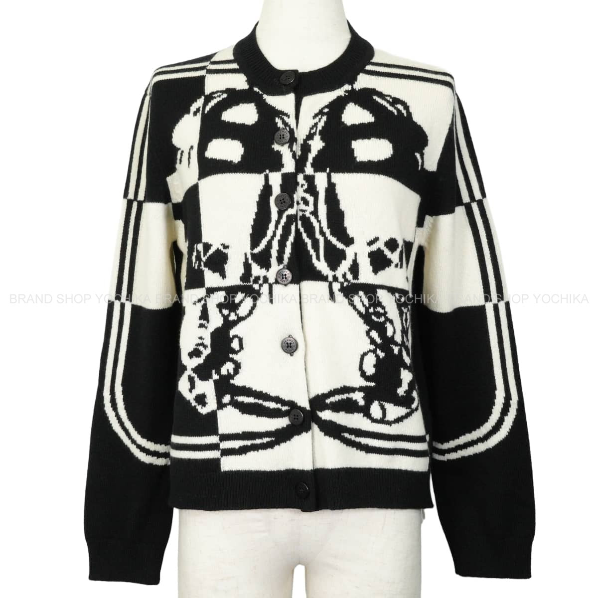 2021AW HERMES Cardigan Cardigan long-sleeved knit Brides de Gala Noir (Black)/Blanc (White) Cashmere #44[EXCELLENT][Authentic]