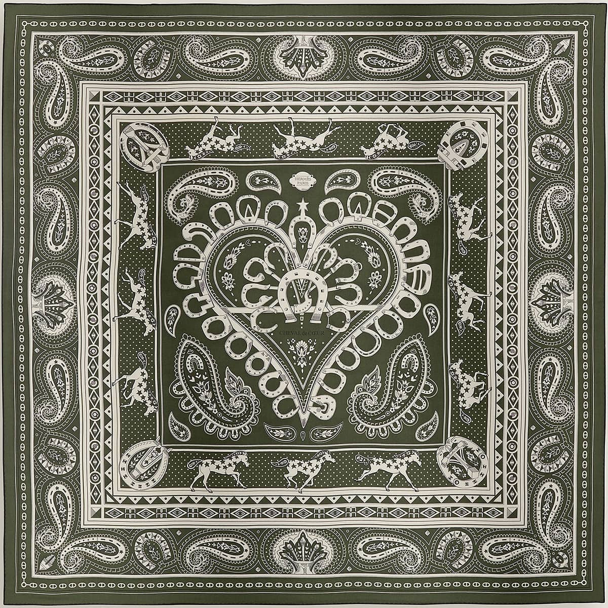 HERMES scarf Carre 140 CHEVAL de COEUR BandanaKhaki Fonce/White/Black Cashmere/Silk[BRAND NEW][Authentic]