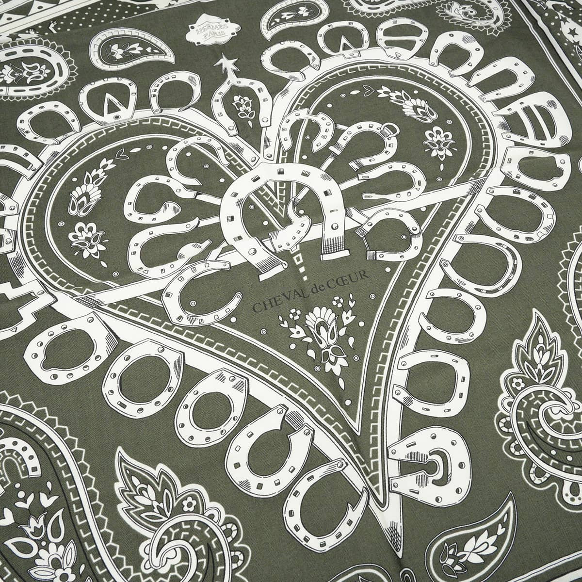 HERMES scarf Carre 140 CHEVAL de COEUR BandanaKhaki Fonce/White/Black Cashmere/Silk[BRAND NEW][Authentic]