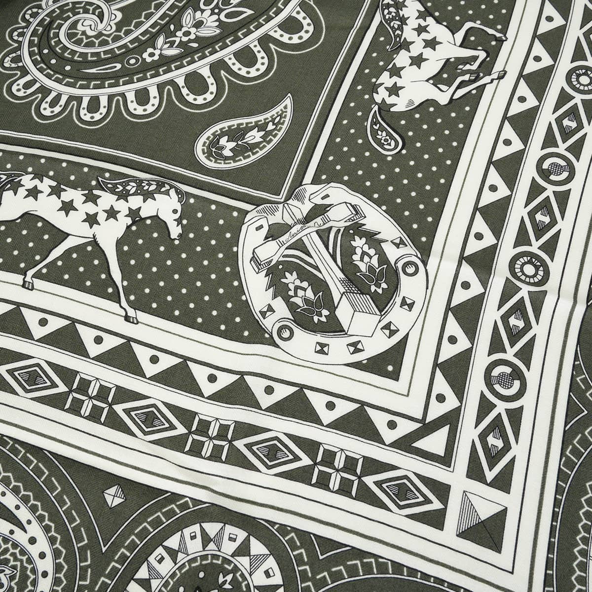 HERMES scarf Carre 140 CHEVAL de COEUR BandanaKhaki Fonce/White/Black Cashmere/Silk[BRAND NEW][Authentic]