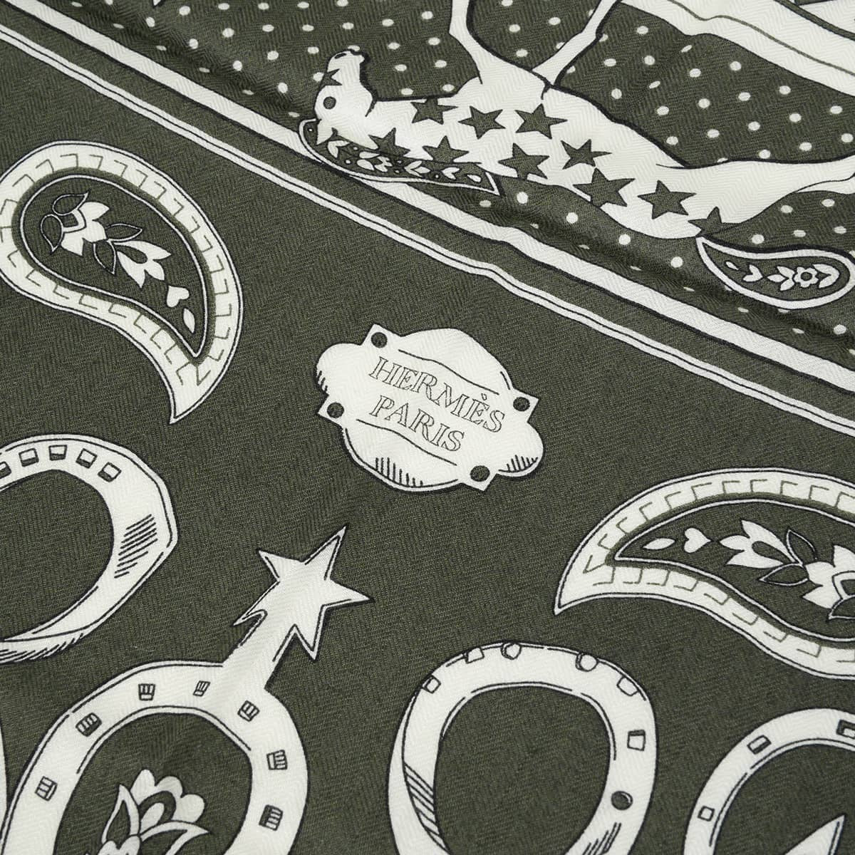 HERMES scarf Carre 140 CHEVAL de COEUR BandanaKhaki Fonce/White/Black Cashmere/Silk[BRAND NEW][Authentic]
